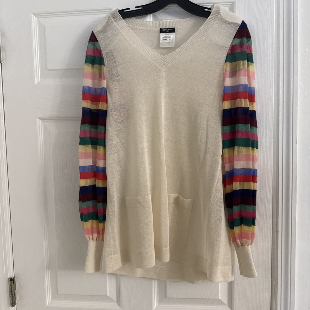 Chanel 2016 Seoul Rainbow Stripe Sleeve Silk Cashmere Sweater V Neck FR 38 US 6